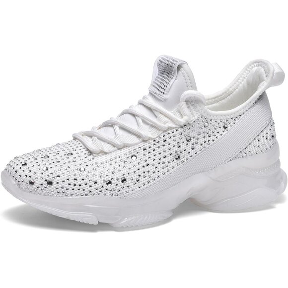 Women White Rhinestone Mesh Slip On Walking Breathable Sparkle Glitter Sneaker - Picture 1 of 8
